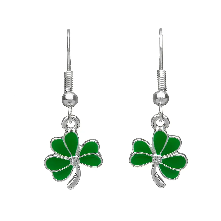 Silver Plated Green Enamel Shamrock Drop Earrings