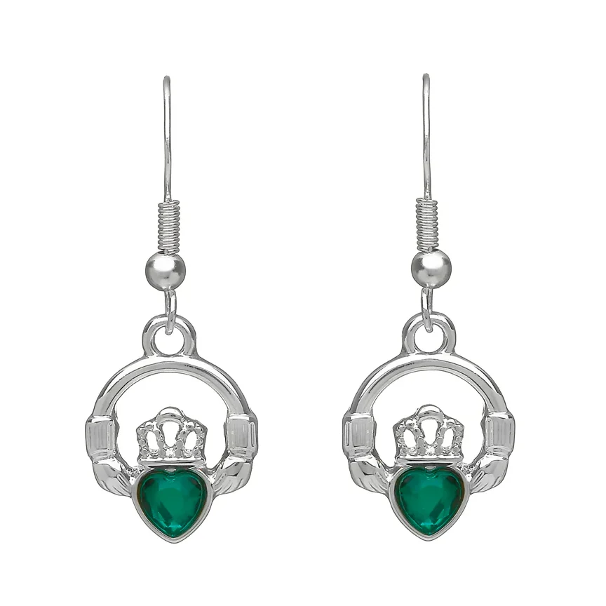 Silver Plated Green Stone Claddagh Drop Earrings – SPE118