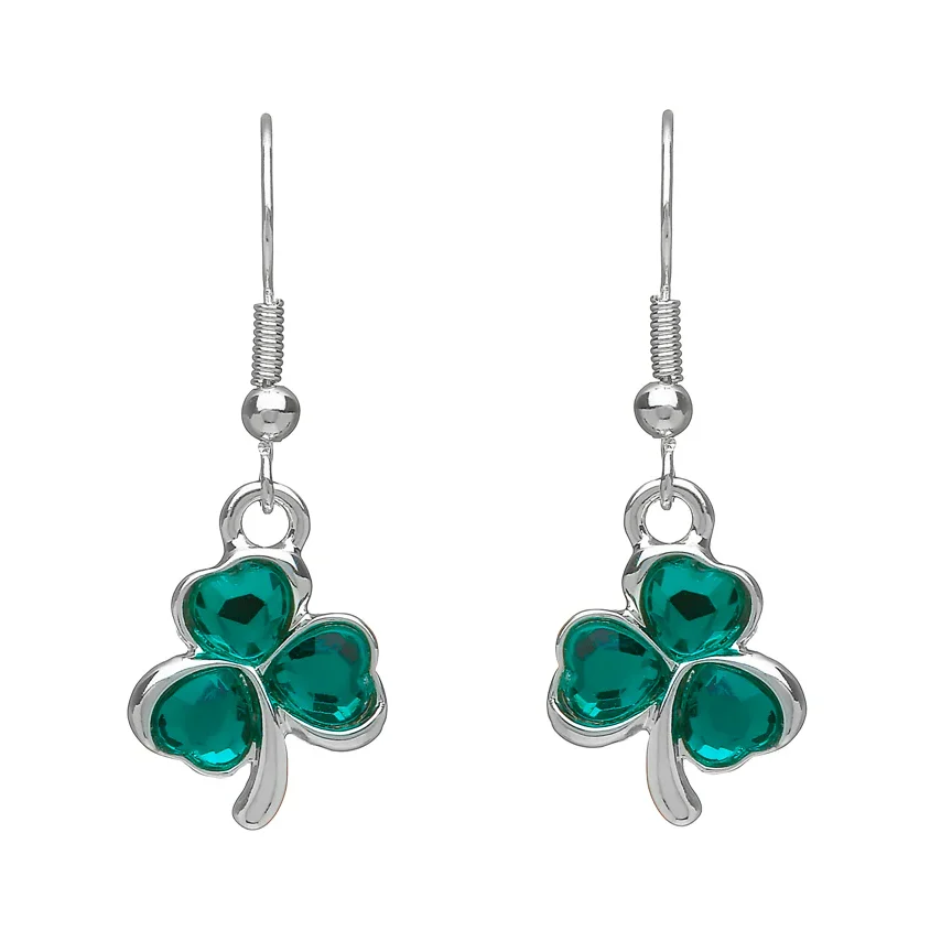Silver Plated Green Stone Shamrock Drop Earrings - SPE310