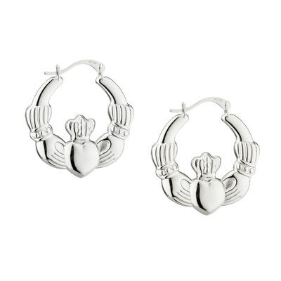 A pair of silver earrings with the claddagh symbol.