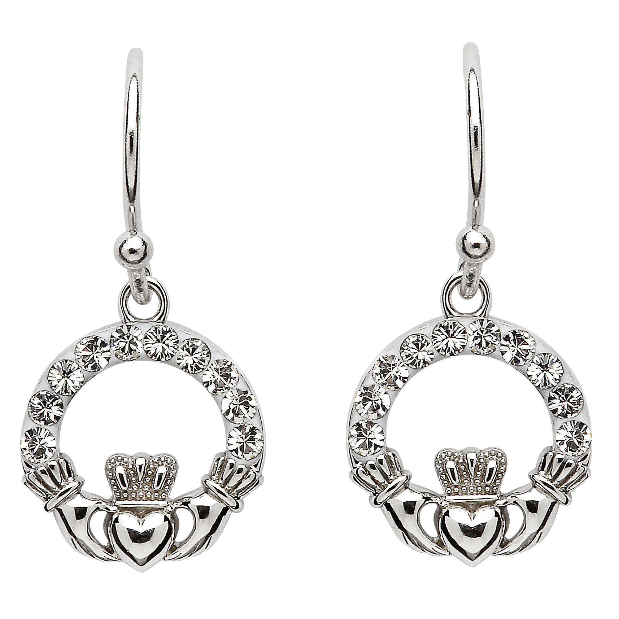 Sterling Silver Claddagh Drop Earrings Adorned With Swarovski Crystals - SW48
