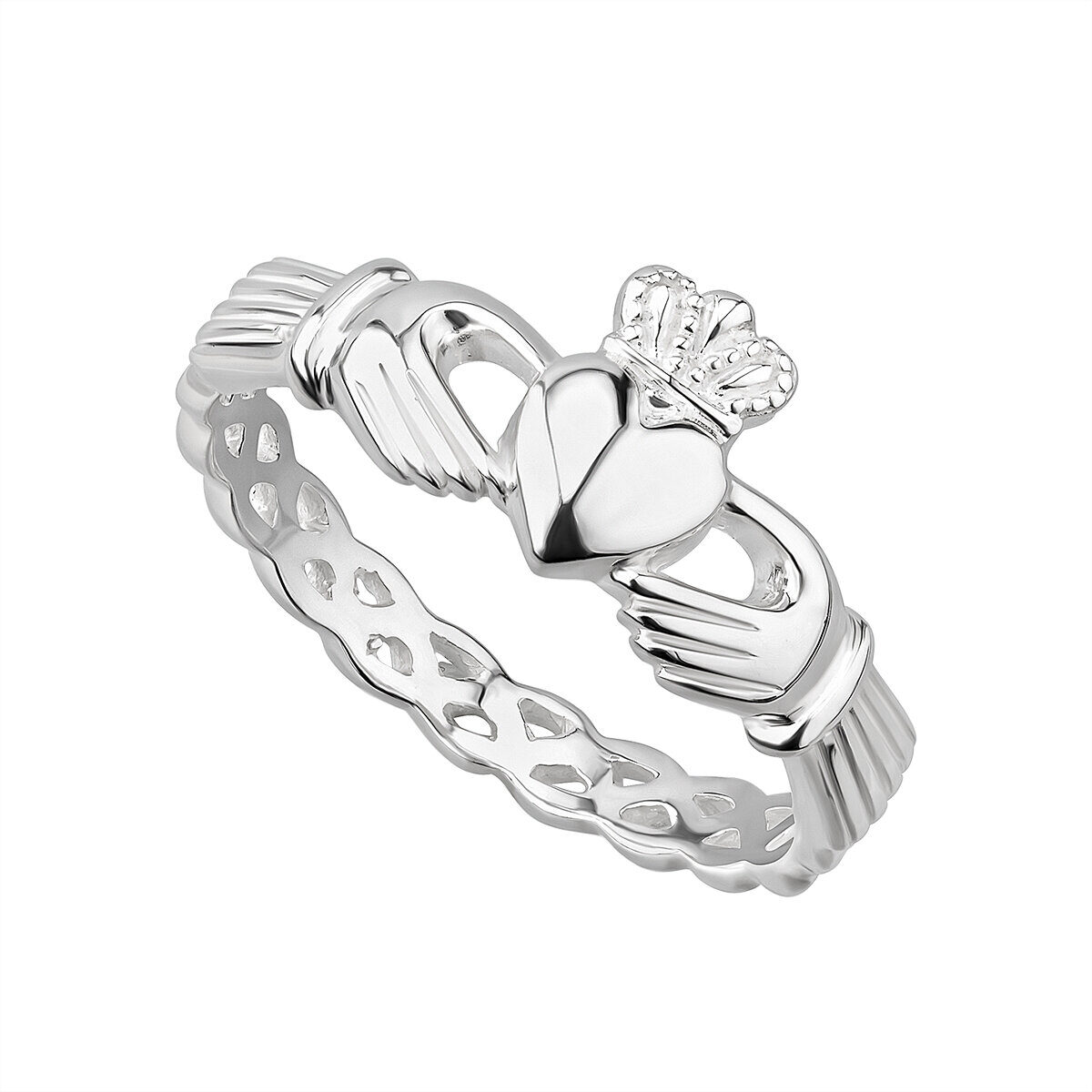 A silver claddagh ring with a braided band.