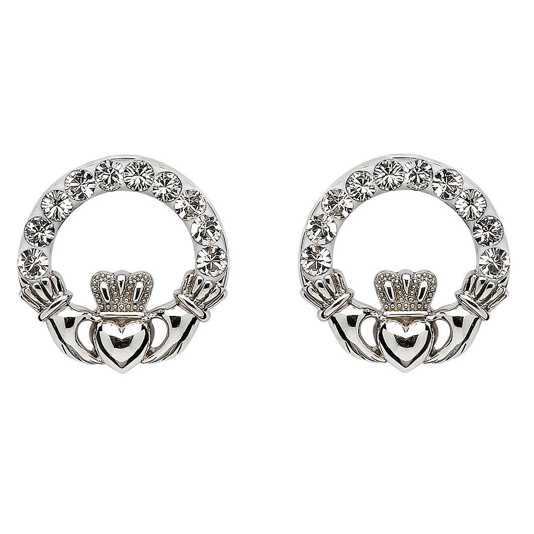 Sterling Silver Claddagh Stud Earrings Adorned With Swarovski Crystals - SW47