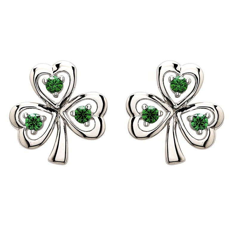 Sterling Silver with Emerald Cubic Zirconia Shamrock Stud Earrings - SE006SH