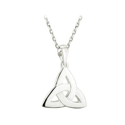 A silver necklace with an irish symbol on it.