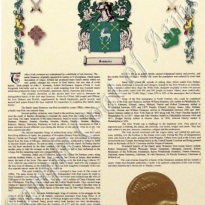 A page of the family crest and the name of the ancestor.
