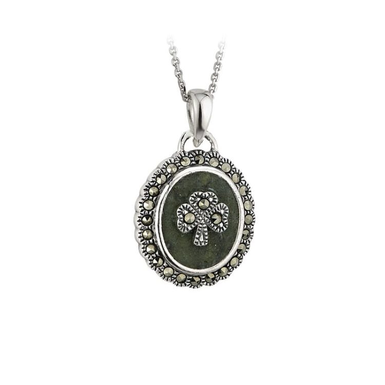 A silver necklace with a black stone and marcasite.